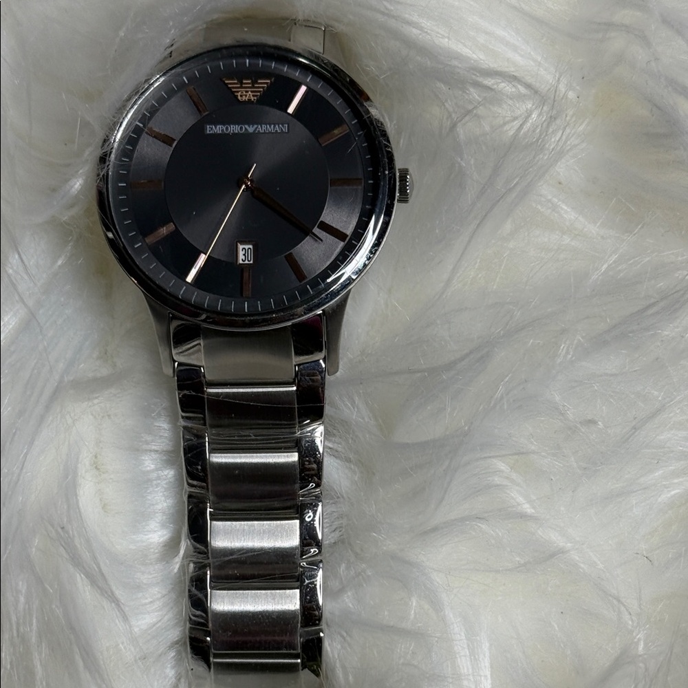 Emporio Armani Black Dial Silver Band Watch